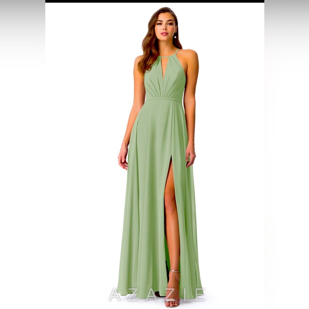 Azazie Sage Green Halter Prom Dress with Thigh Slit
